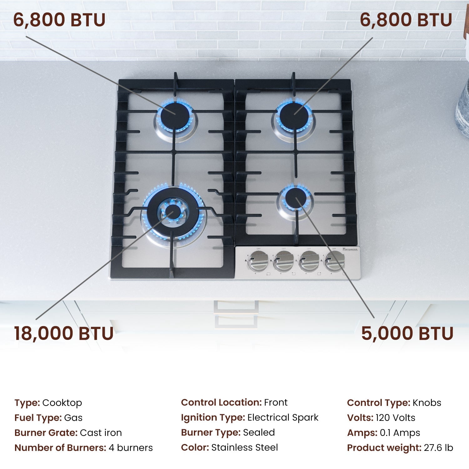 Rangaire RCG241S 24" Gas Cooktop - Stainless Steel, Sealed Burners, Cast Iron Grates, Die Cast Metal Burner Controls