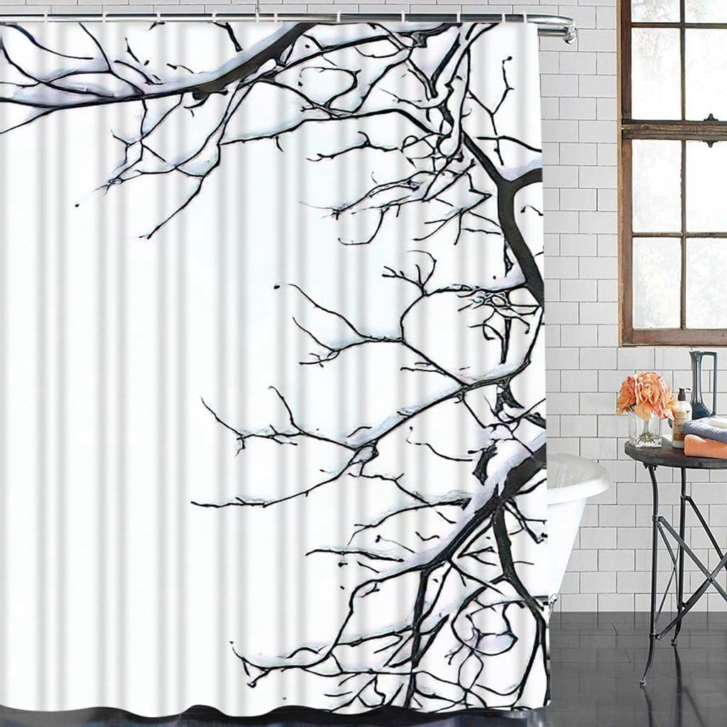 4 Piece Grey Branch Shower Curtain Set Abstract Tree Branches Shadows Beige Concrete Bathroom Sets with Non-Slip Rugs, Toilet Lid Cover and Bath Mat with Standard Size