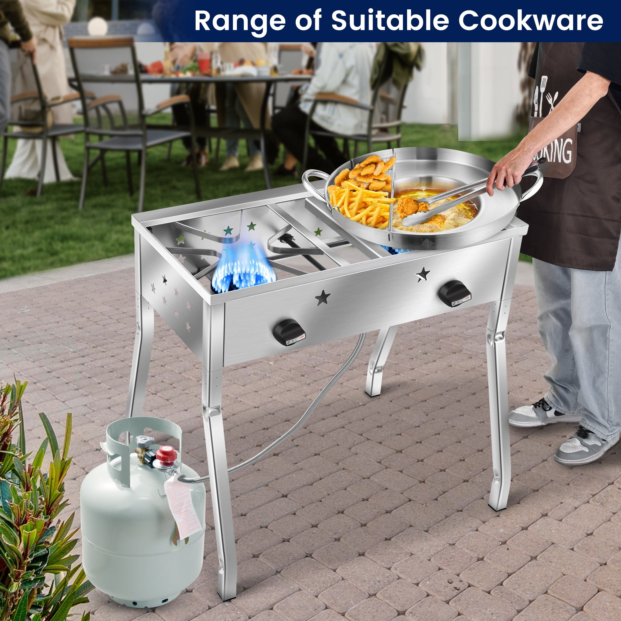 ARC 150,000 BTU Double Burner Stove With 23" Discada Comal Set | Outdoor Camping Cookware for Tacos, Tortillas | Stainless Steel Griddle & Propane Stove Combo