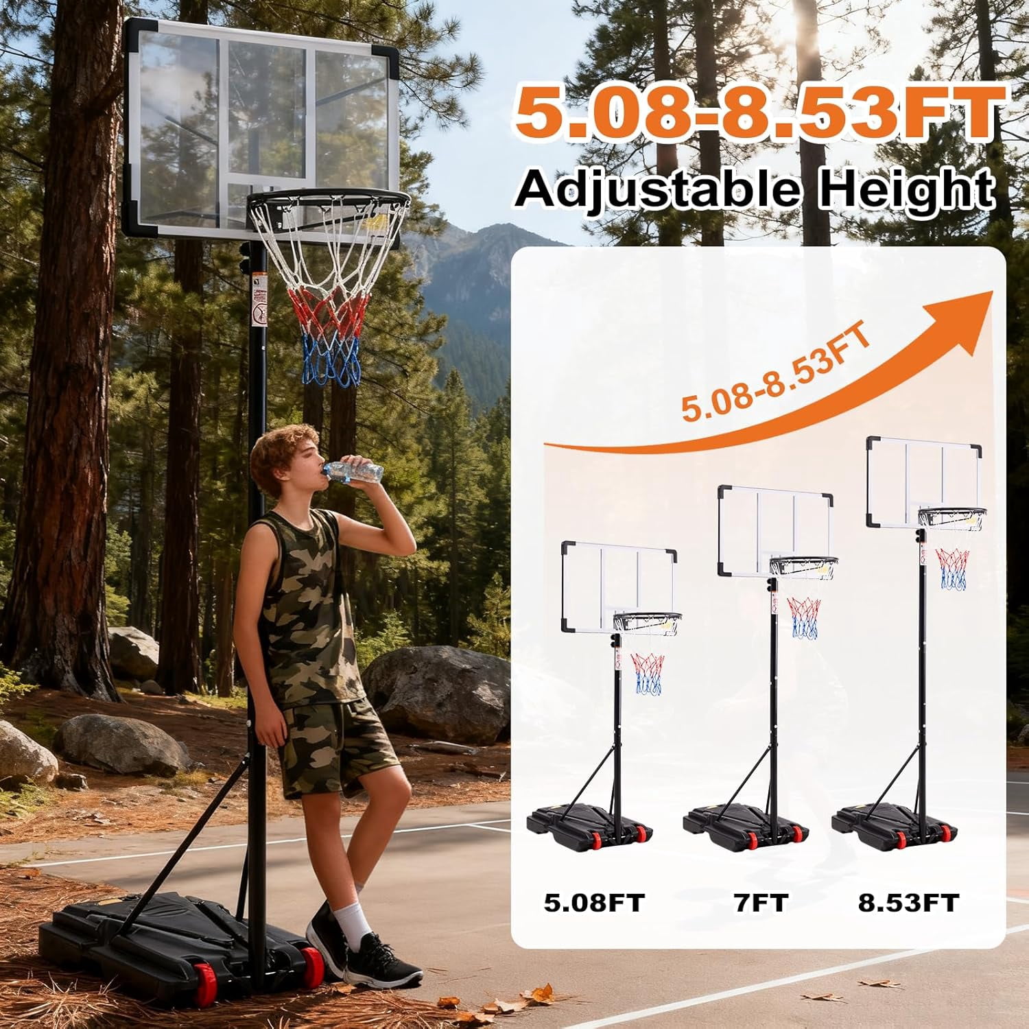 Portable Basketball Hoop Outdoor, Adjustable Basketball Hoops Goal System Shatterproof Backboard, Shock Absorbent Rim, Fillable Base for Swimming Pool/Backyard/Driveway