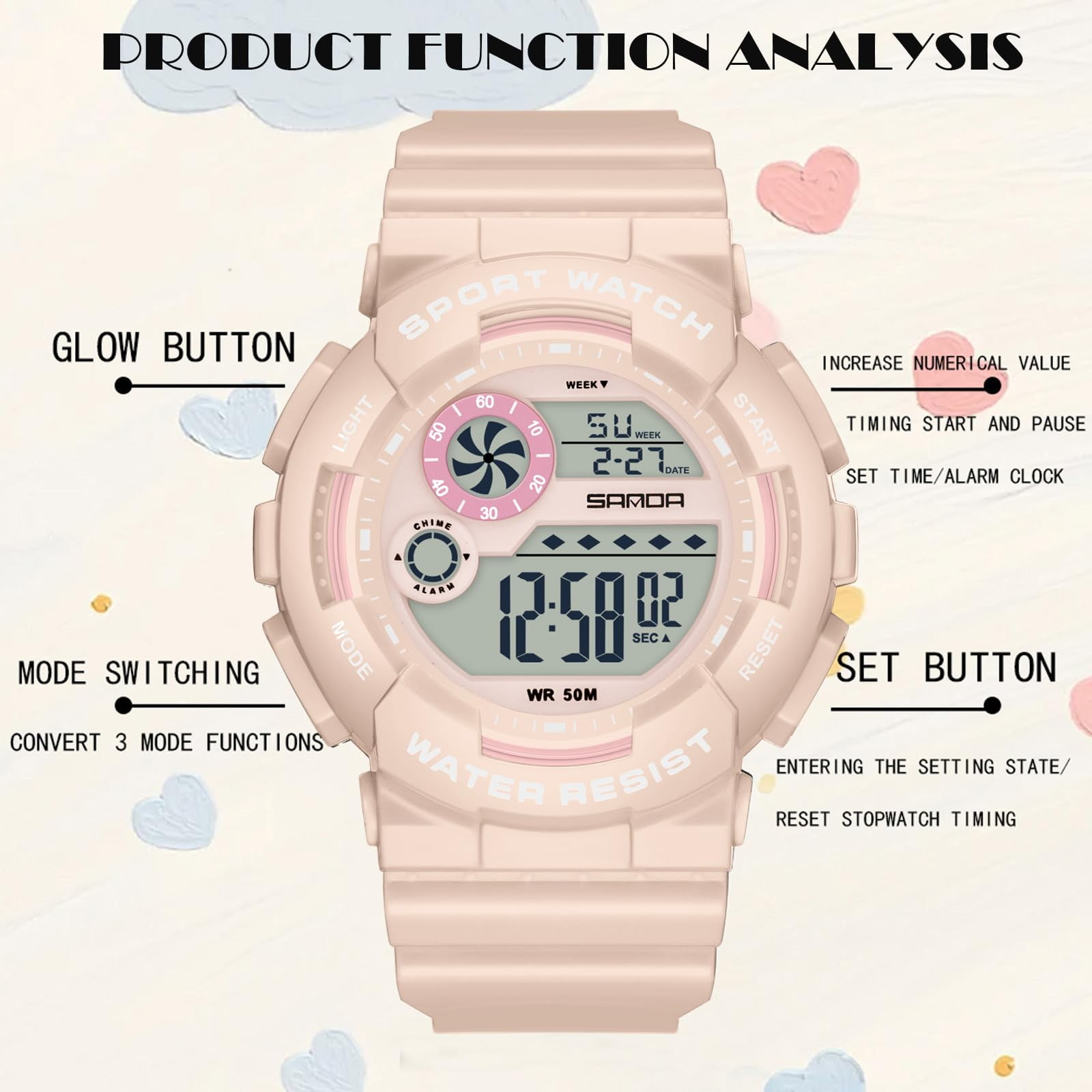 Findtime Digital Watch Womens Sport Waterproof White Wrist Watches for Women with Alarm Stopwatch Hourly Chime LED Display 12H/24H Calendar