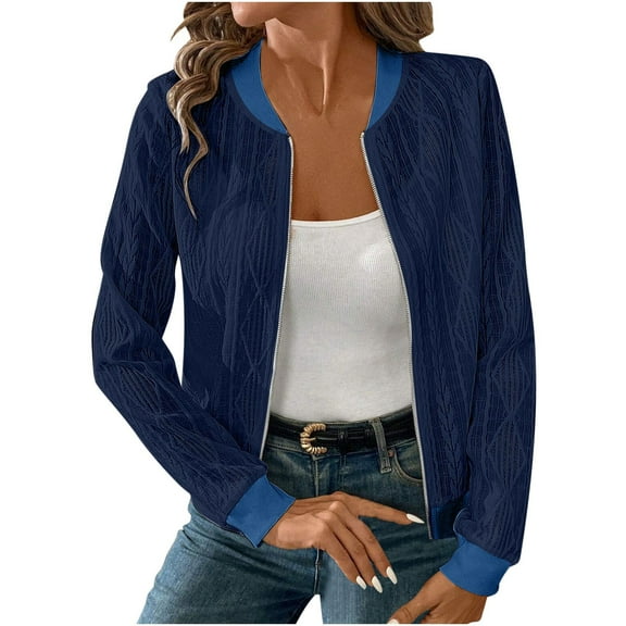 MaFYtyTPR Jackets for Women Casual Loose Solid Color Pocket Long Sleeved Zipper Hoodless Outwear Tops Navy M