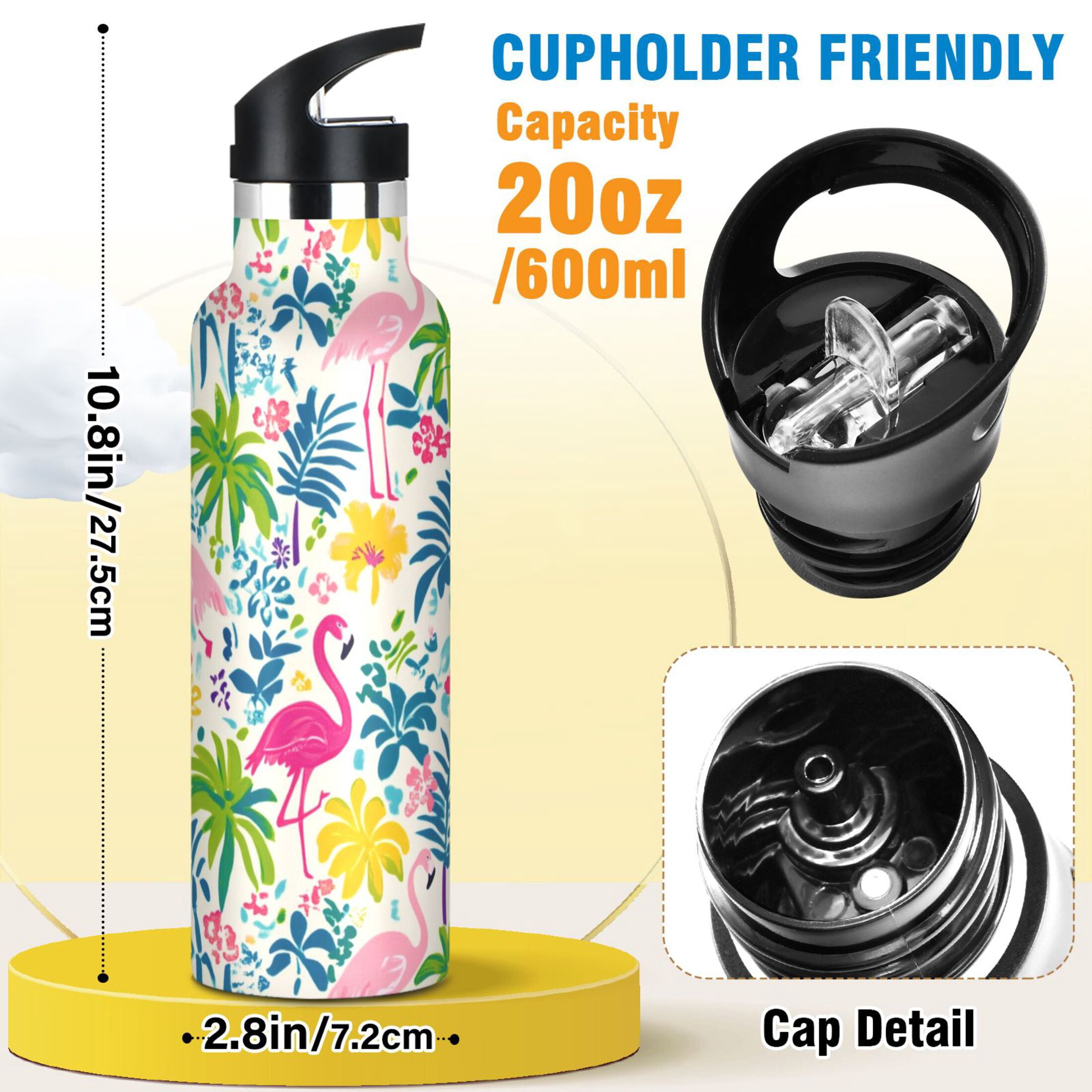 Kids Insulated Stainless Steel Sports Water Bottle 600ml (20oz) Colorful Flamingo Pattern