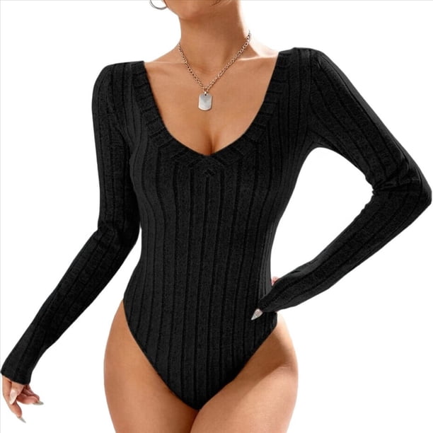 Body Básico de Cuello en V para Mujer, de Canalé y Larga, para Otoño. Negro M