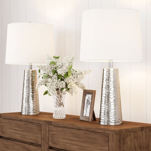 Lavish Home Set of 2 26-inch Hammered Metal Table Lamp Set with Drum Shades, Silver