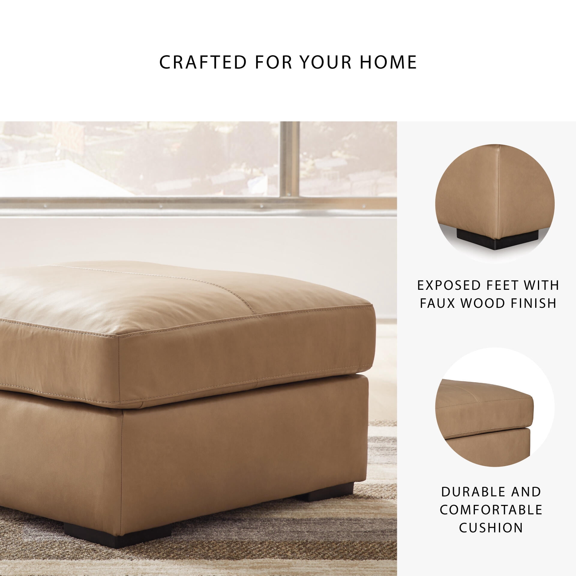 Signature Design by Ashley Bandon Oversized Accent Ottoman, Top Grain Leather Cushion, Toffee