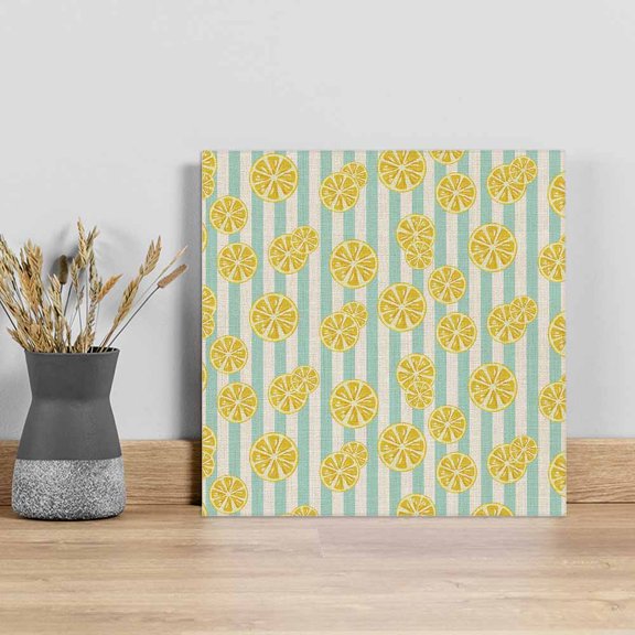 Summer Lemon Wall Art Painting on Canvas, Rustic Green Stripes Spring Yellow Fruit Canvas Art Home Prints Wall Art Framed Modern Artwork for Living Room Bedroom Wall Decor 20x20in