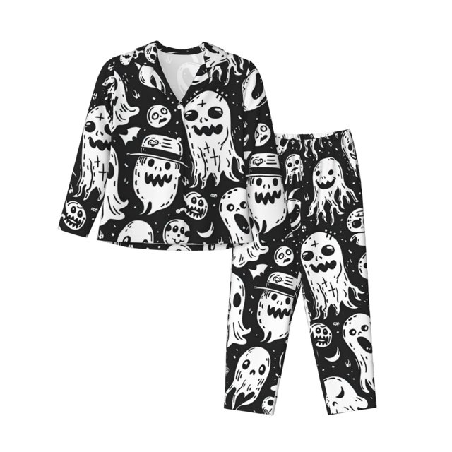 Fotbe Black White Spooky Ghosts Conjunto de Pijama de Manga Larga para Mujer con Estampado, Ropa de Dormir de 2 Piezas, Conjunto de Casa Suave y Cómodo con Bolsillos-Large