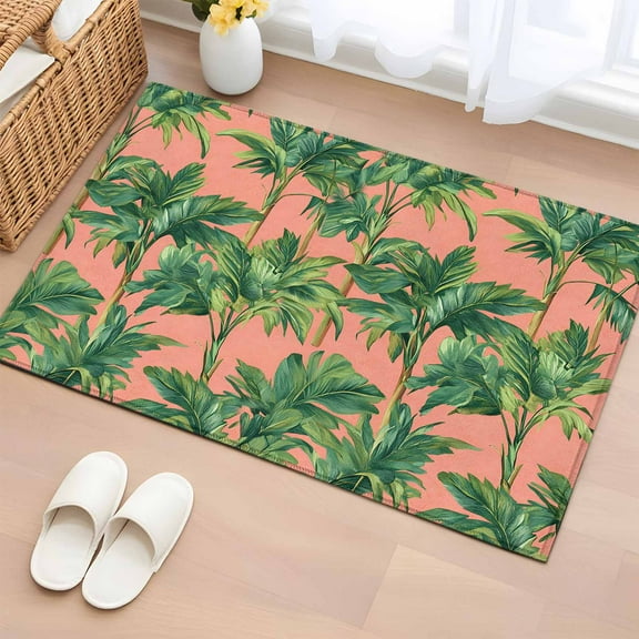 Palm Tree Tropical Bathroom Rug Washable 2x3 Entryway Rug Non Slip Pink Summer Botanical Leaves Front Door Mat Low Pile Indoor Doormat Throw Floor Carpet for Kitchen Bedroom Entrance