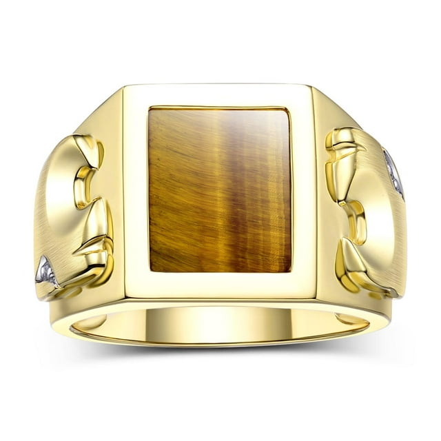 RYLOS Men's Rings 14K Yellow Gold Designer Ring Tiger Head On Both Sides Diamond in the Eyes and Tiger Eye Rings For Men Size 10