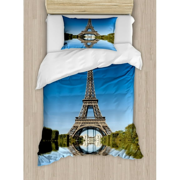 Paris Duvet Cover Set Twin Size, Famous Eiffel Tower Reflected On Water Picture Historical French Architecture, Decorative 2 Piece Bedding Set with 1 Pillow Sham, Blue Green Grey, by Ambesonne
