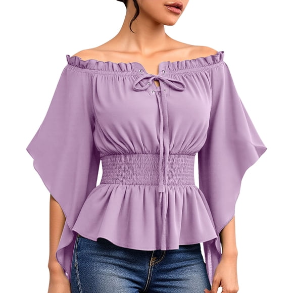 Diufon Vintage Top for Women Off The Shoulder Ruffled Long Sleeve Blouses Boho Peasant Smocked Back Shirs