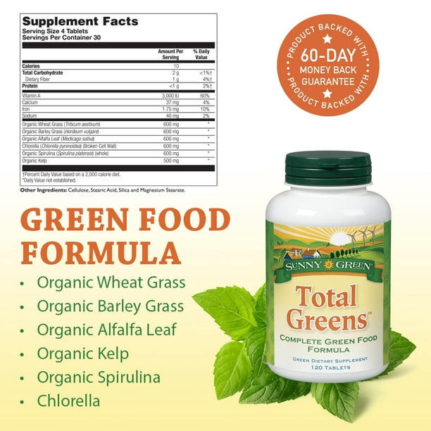 Sunny Greens Total Greens | Green Food Formula | Vitamins, Minerals, Proteins, Fiber & Chlorophyll from Multiple Organic Green Superfoods | 120ct