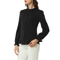 thumbnail image 4 of INSPIRE CHIC Women's Ruffled Trim Button Down Stand Collar Long Sleeve Blouse Top XS Black, 4 of 9