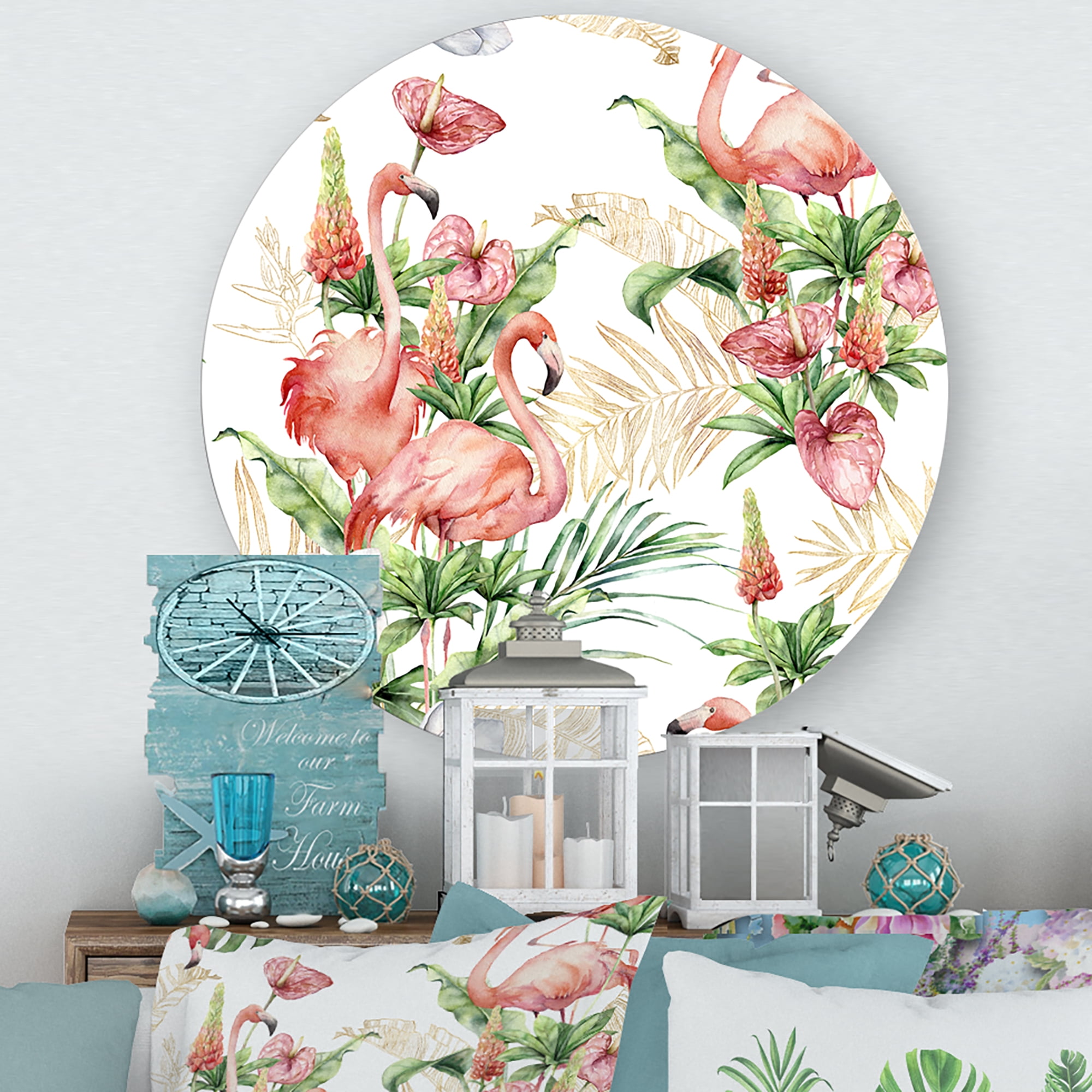 Designart 'Tropical Flowers & Gold Leaves With Pink Flamingos' Traditional Circle Metal Wall Art 23x23 - Disc of 23