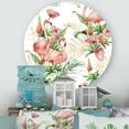 thumbnail image 2 of Designart 'Tropical Flowers & Gold Leaves With Pink Flamingos' Traditional Circle Metal Wall Art 11x11 - Disc of 11, 2 of 5