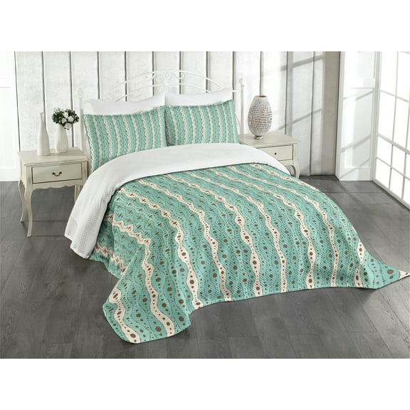 Ambesonne Turquoise Quilted Bedspread Set 3 Pcs, Traditional Polka Dot, King Size, Turquoise Brown Cream