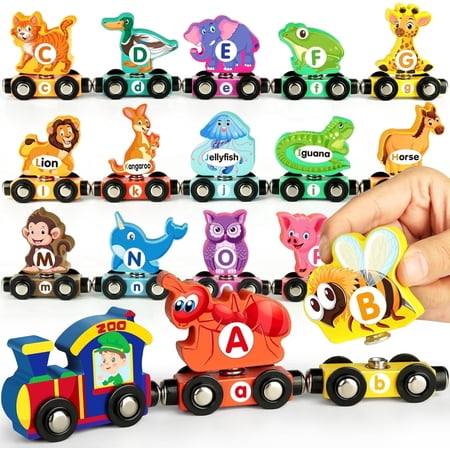 Wooden Alphabet Train Set for Toddlers – Magnetic ABC Train with Snap-Connection Animal-Themed Educational Preschool Toy for Kids Ages 3-5 Montessori STEM Learning Gift for Boys and Girls