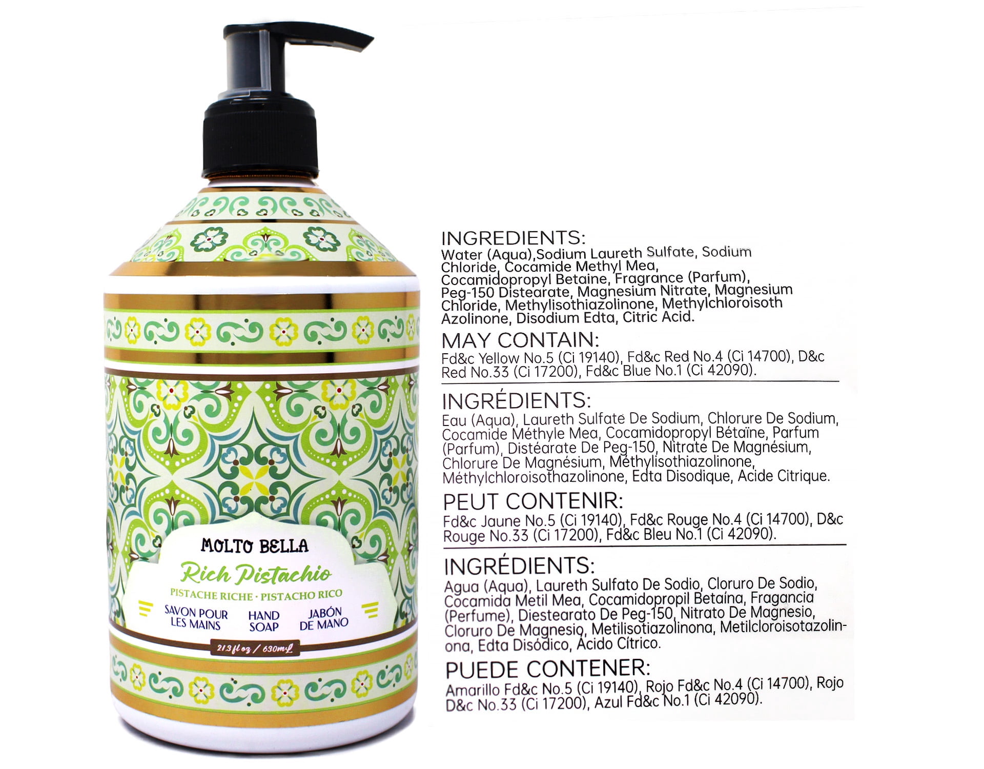Molto Bella Rich Pistachio Hand Soap, Moisturizing Liquid Hand Wash with Elegant Fragrance, Pump Bottle, 21.3 fl oz 5 Pack