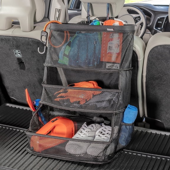 High Road Car Storage and Organization Caddy - SUV Trunk Organizer, Passenger Seat Organizer or Back Seat Storage Caddy With 3 Easy-View Mesh Bins