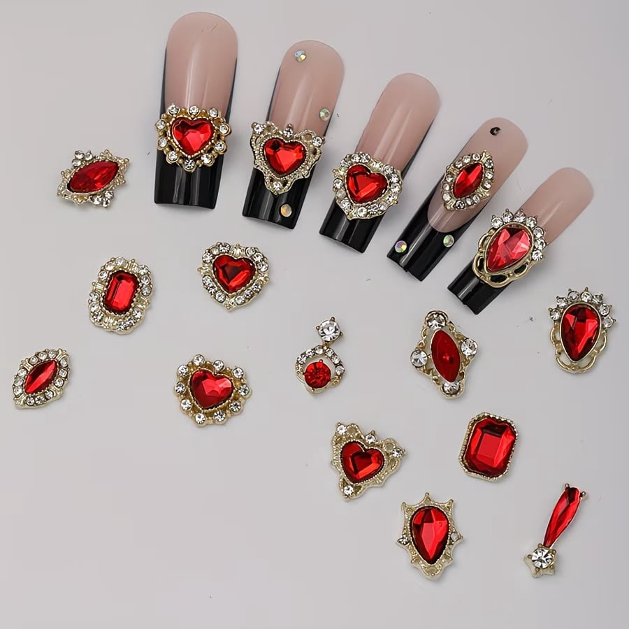 60 Pieces Red and Gold Heart Shape Nail Art Accessories, Luxury Alloy Three-Dimensional Rhinestone Patch, Women's DIY Nail Art Jewelry Accessories