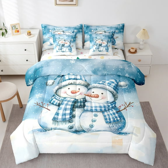 Manfei Cartoon Xmas Snowman 7-Piece Twin Bedding Sets,Happy New Year Bedding Comforter Set,White Blue Sheet Sets For Kids,Super Cozy Room Decor Reversible