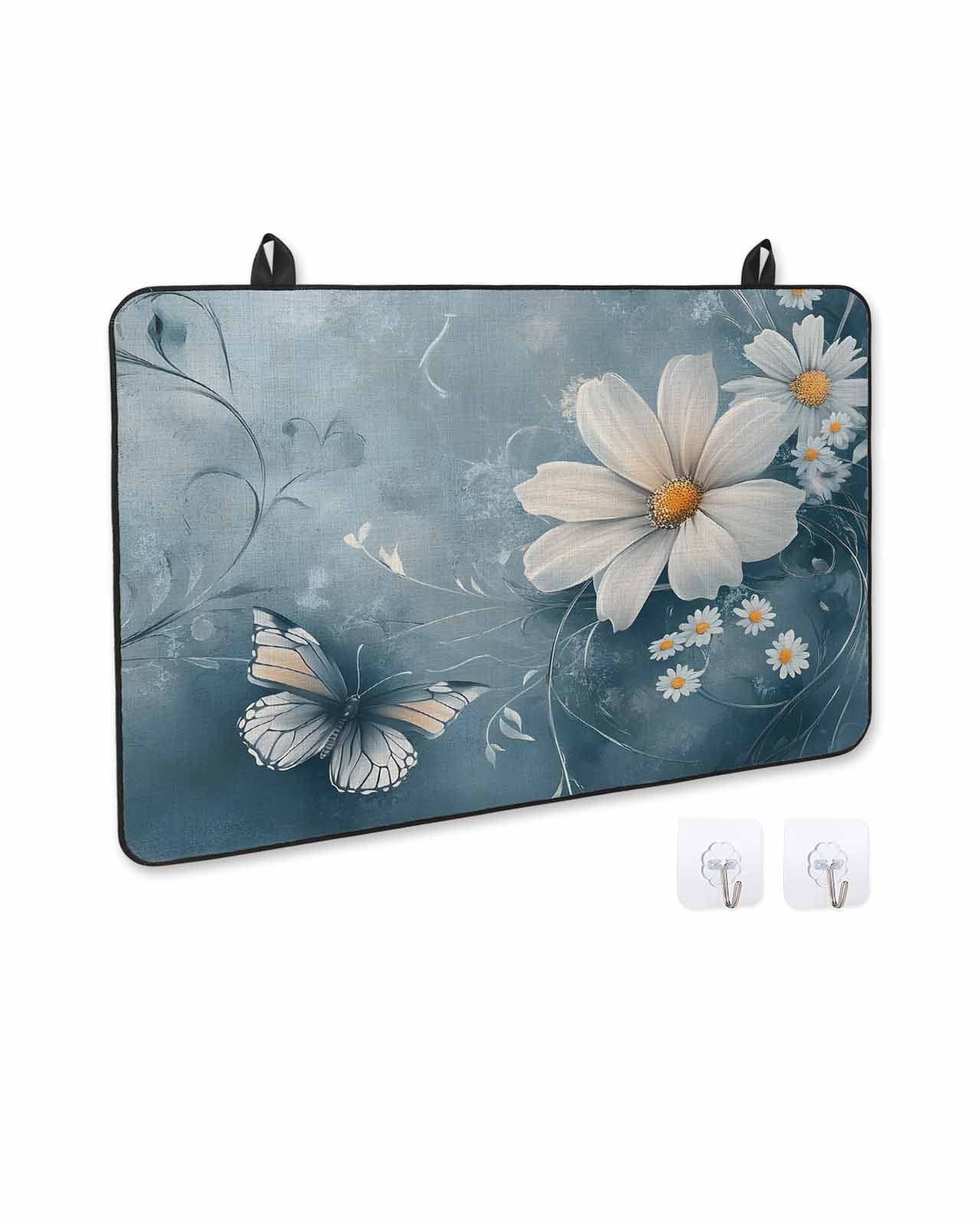 nqOlkjepod Large Induction Cooktop Protector Mat 24"x21", White Daisy Flowers Stove Top Covers for Electric Stove, Pastoral Modern Butterfly Botanical Stove Burner Cover Mats, Glass Top Stove Cover