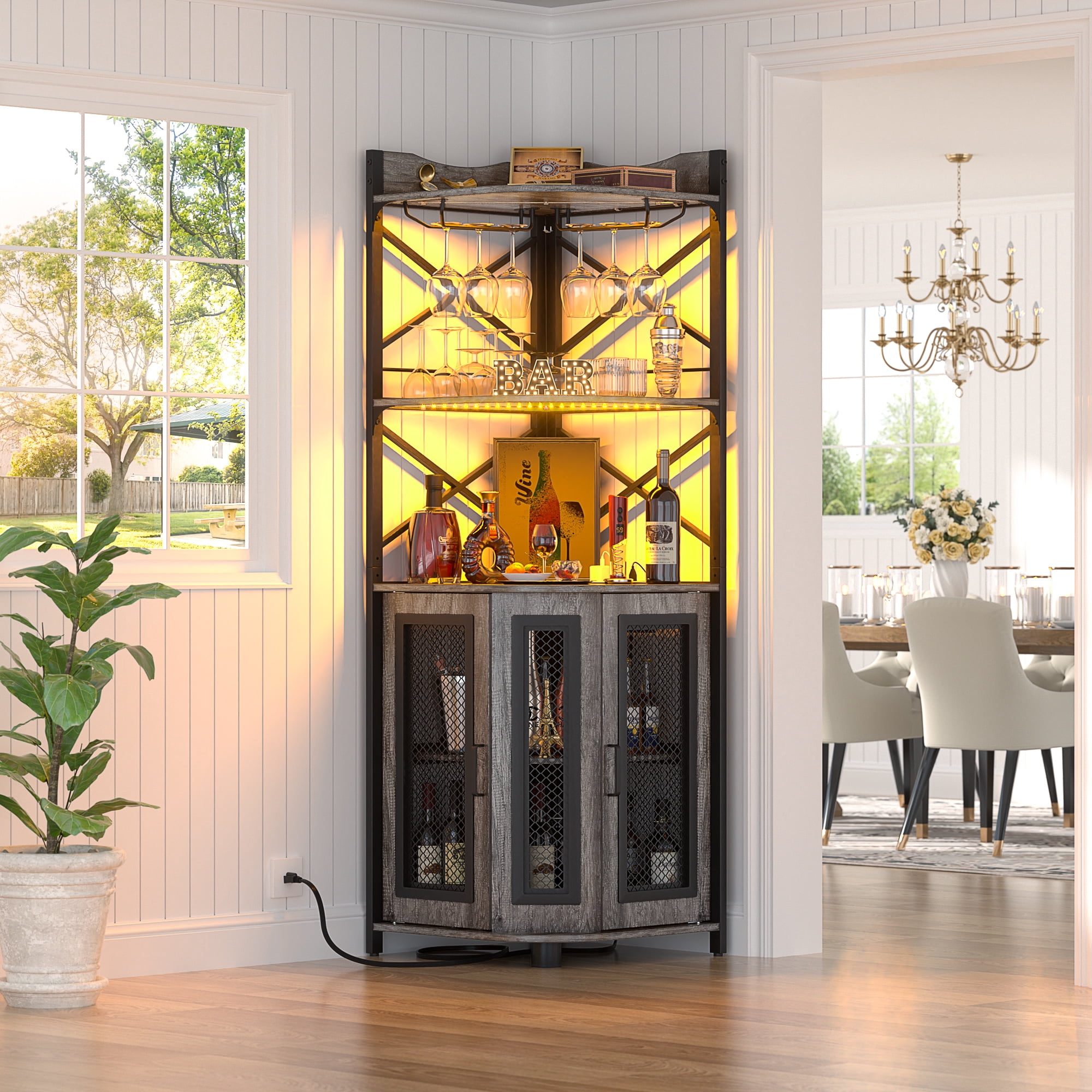 Homieasy Corner Bar Cabinet with Power Outlet, Industrial Wine Cabinet with LED Strip and Glass Holder, 5-Tiers Liquor Cabinet Bar Unit for Home, Corner Display Cabinet for Small Space, Black Oak