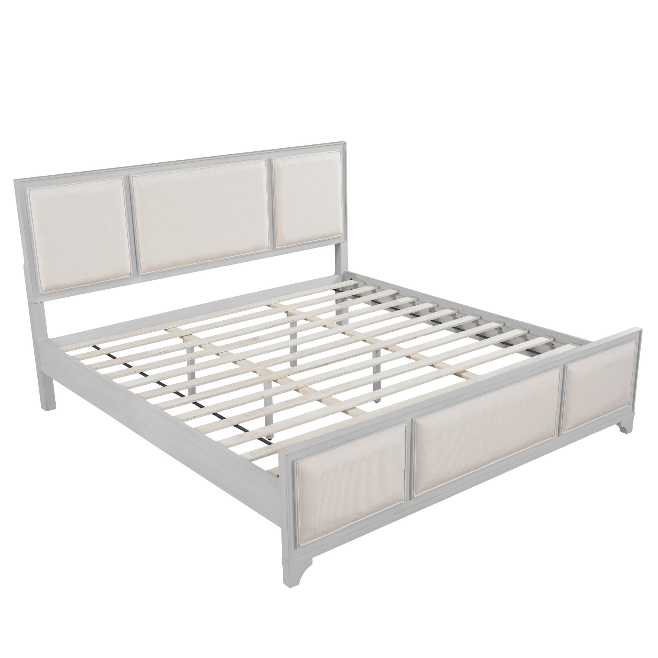 Christopher Knight Home Modern Farmhouse King Upholstered Platform Bed with Headboard, White+Beige