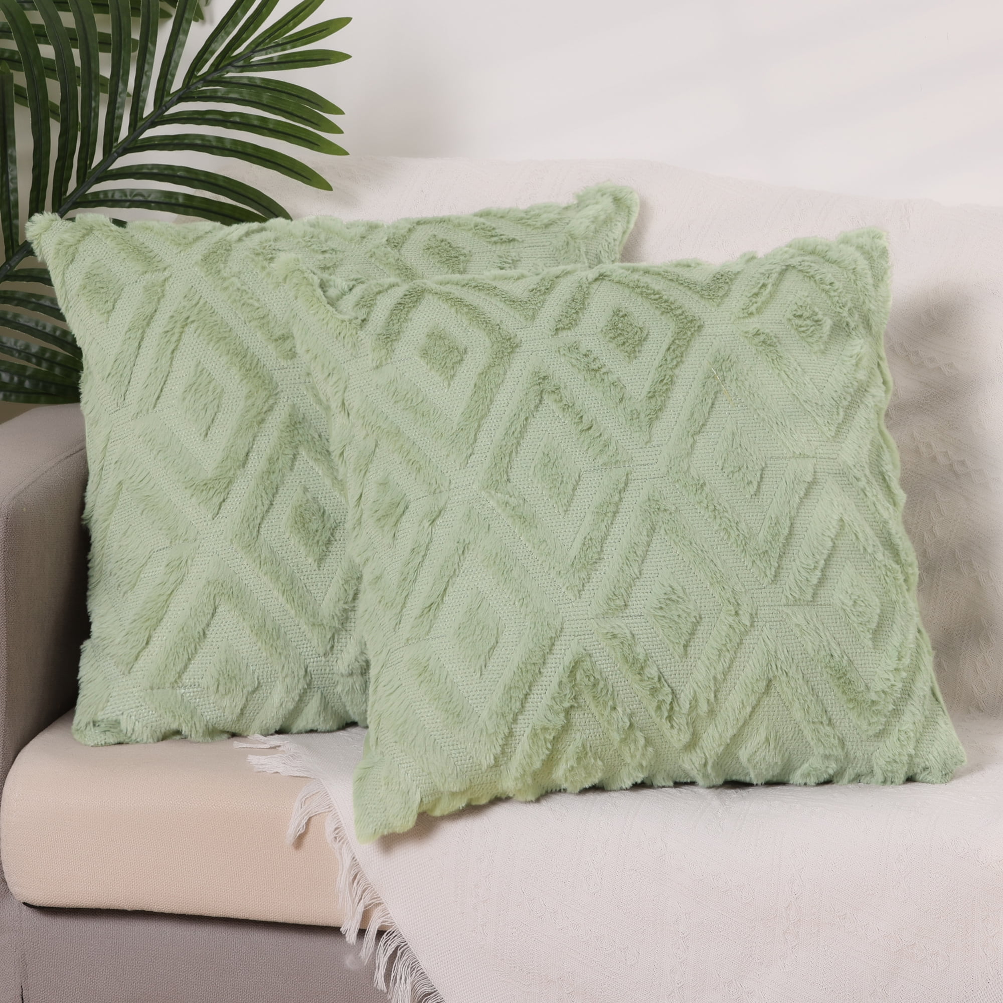 Unique Bargains 4 Pack Shaggy Plush Throw Pillow Covers Soft Couch Pillow Covers Set Green-1/Grey-2 16" x 16"