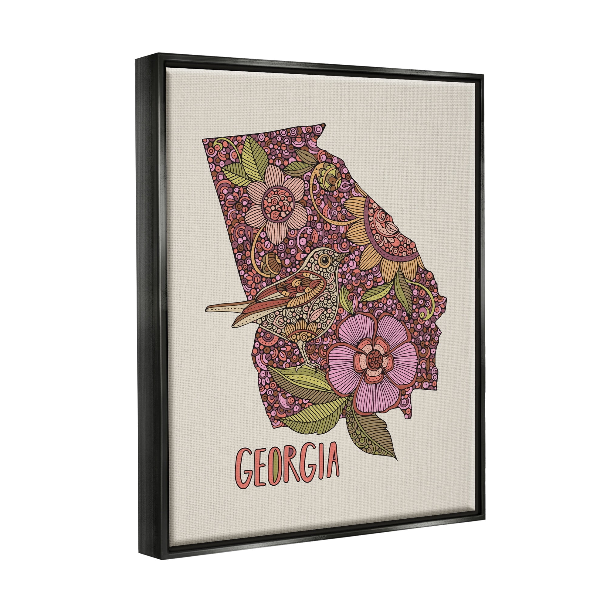 Stupell Industries Intricate Georgia State Bird & Flower Detailed Floral Design Graphic Art Luster Gray Floating Framed Canvas Print Wall Art, Design by Valentina Harper