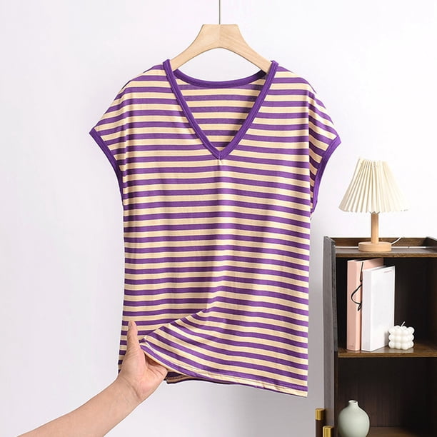 Pijama de manga corta para mujer, informal, holgado, a rayas, con cuello en V, de verano, fino, de poliéster