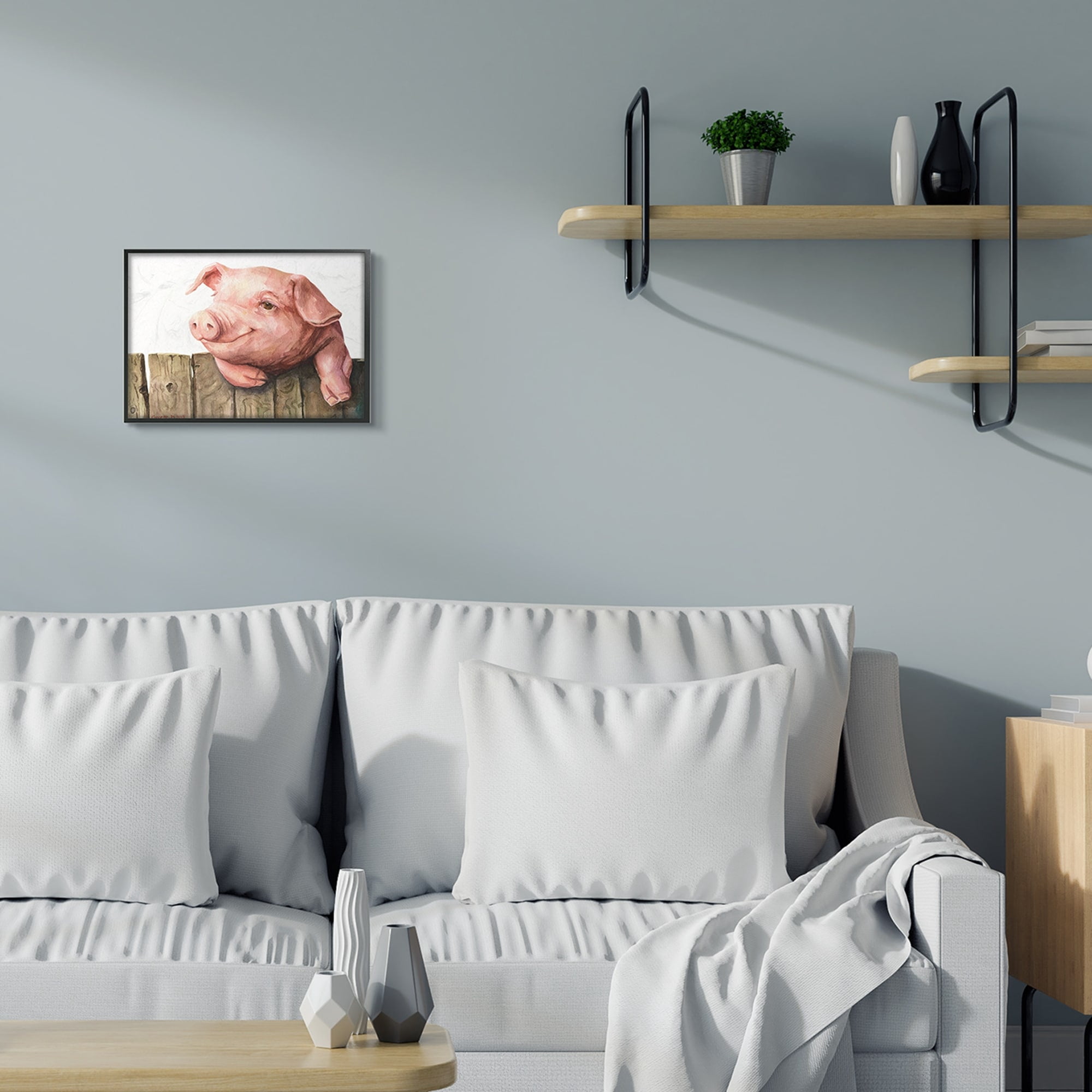 Stupell Industries Piglet on Wooden Fence Pink Farm Animal Black Framed, 11 x 14, Design by George Dyachenko