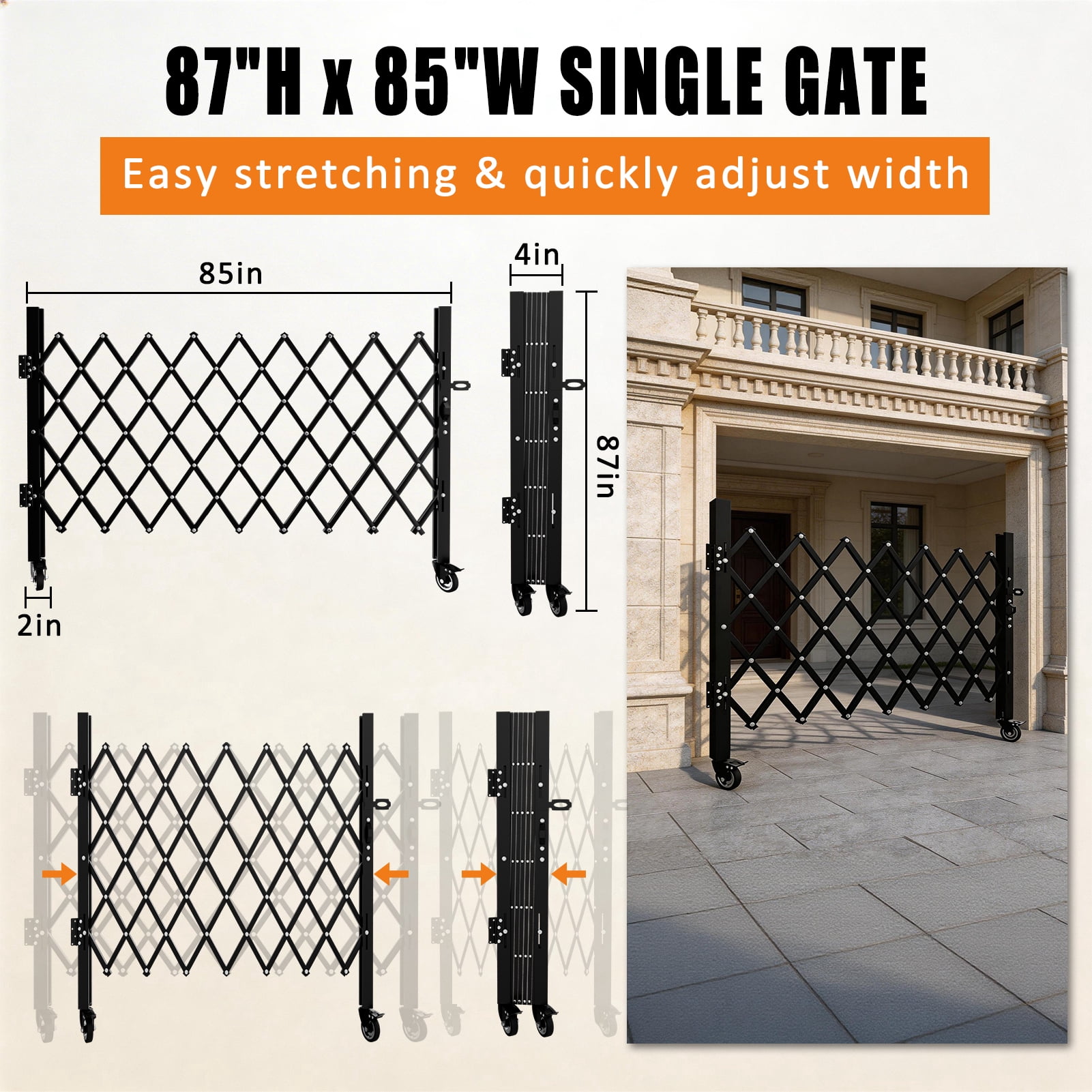 Foldable Security Gate, Expandable Safety Barrier with 360° Swivel Casters Lockable Design, Portable Mobile Rolling Barricade for Garage, Warehouse, Driveway and Pool Areas(87" H x 85" W)