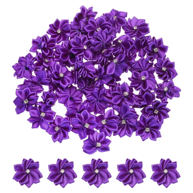 Unique Bargains 1.2 Inch Small Ribbon Flowers Satin Ribbon Flowers Mini Fabric Flowers Dark Purple 50 Pcs