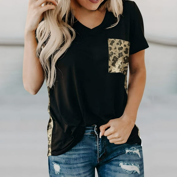 ALLLIST Leopard Print Womens Tops V Neck Short Sleeve T-Shirts Drop Shoulder Summer Blouse Womens Clothing