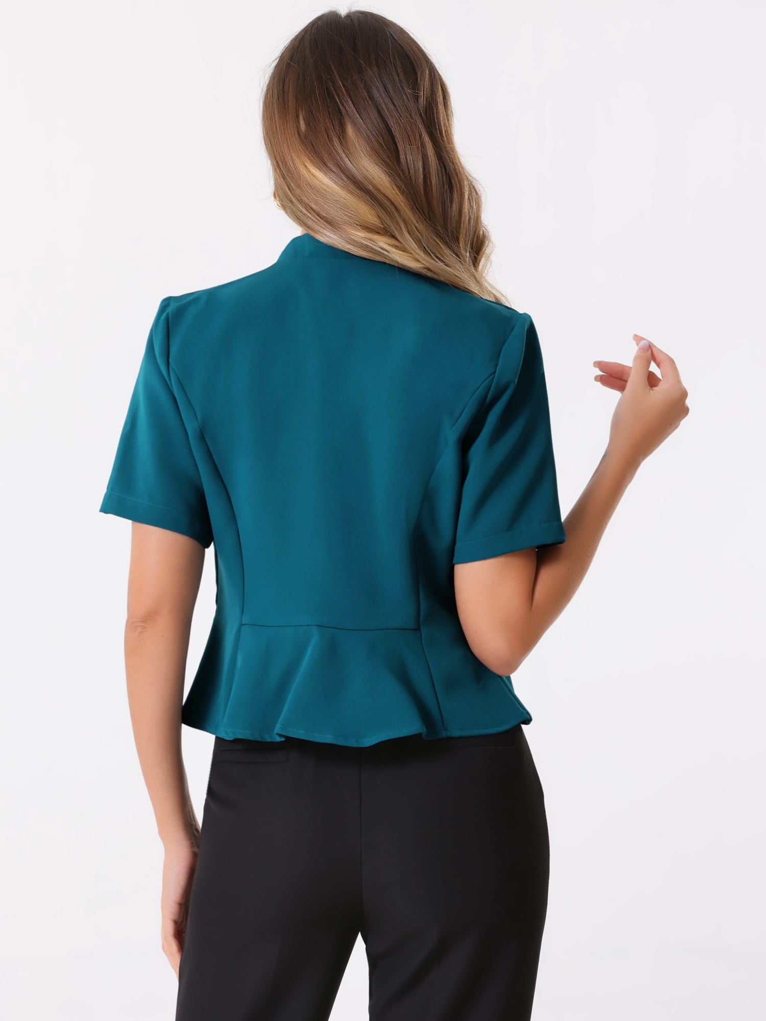 DARING DIVA Women's Business Blazer 3/4 Sleeve Collarless Cardigan L Blue Green