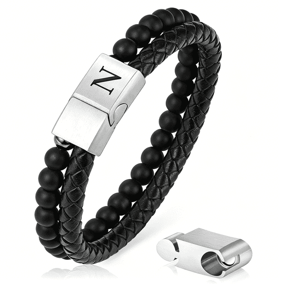 DESIGNICE Gifts for Men-Mens Bracelet,Beaded Leather Initial Bracelet 6Mm Matte Agate Stone Handmade Bracelets Adjustable Stainless Steel Magnetic Clasp Mens Jewelry Gifts
