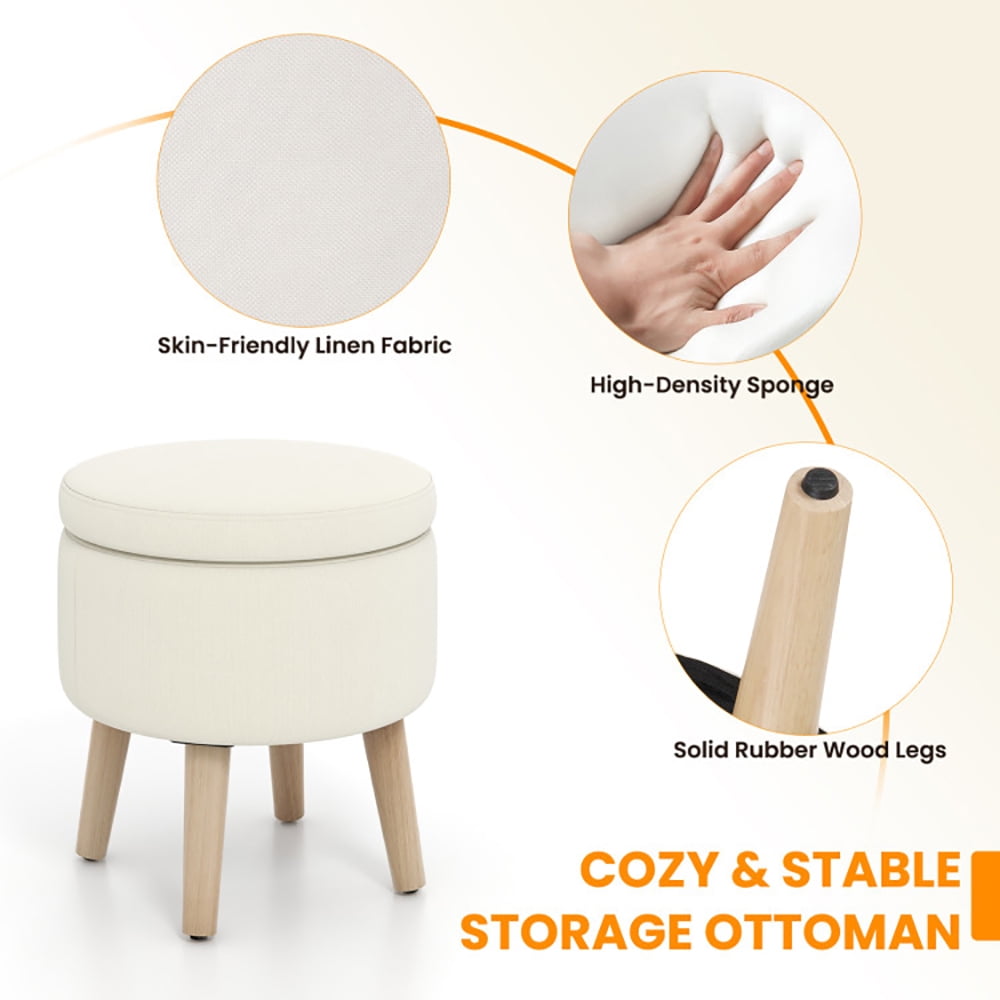 Finihen Storage Ottoman Foot Stool, Vanity Stool with Storage, Round Storage Ottoman with Rubber Wood Legs and Adjustable Foot Pads, for Makeup Room, Living Room, Bedroom, Beige Finihen Storage Ottoman Foot Stool, Vanity Stool with Storage, Round Storage Ottoman with Rubber Wood Legs and Adjustable Foot Pads, for Makeup Room, Living Room, Bedroom, Beige