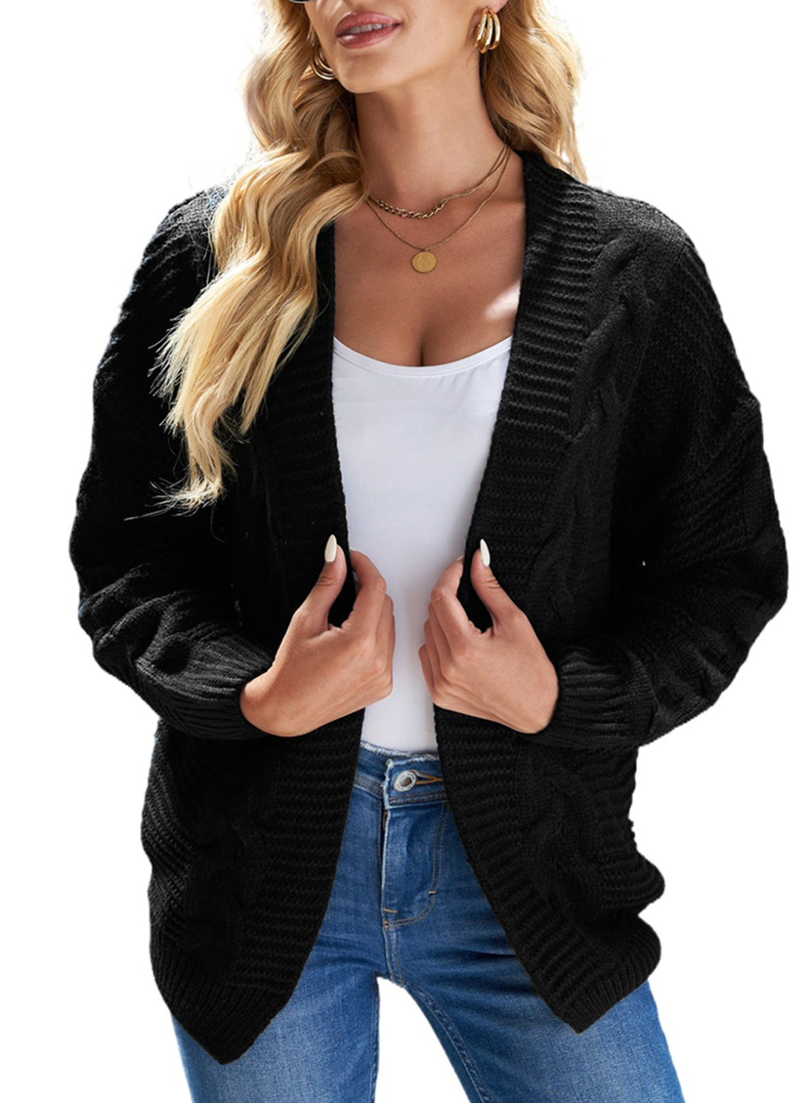 Chase Secret Women's Open Front Sweaters Long Sleeve Chunky Cardigan Sweaters Loose Outwear Coat Petite, Size: Small, Black