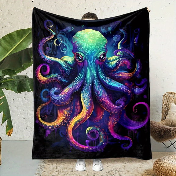 Colorful Octopus Print Flannel Throw Blanket - 100% Polyester Non-Woven Fabric, Digital Printing, Soft and Durable, Reversible, Lightweight, All-Season Use for Nap, Office, Home - Great Gift Idea