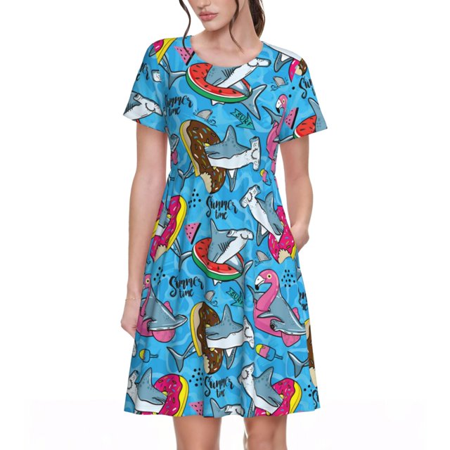 Easygdp Sharks Summer para Vestido Transpirable de Mujer, Vestido Suelto de Manga Corta con Pliegues y Bolsillos para el Verano