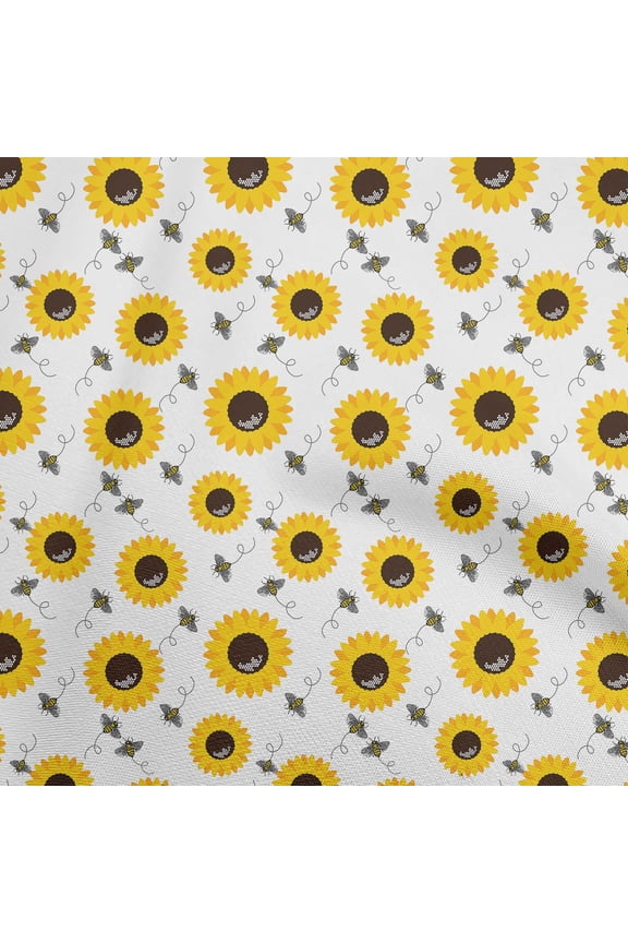 Rayon White Fabric Floral Sunflower With Honey Bees Dress Material Fabric Print Fabric By The Yard 56 Inch Wide