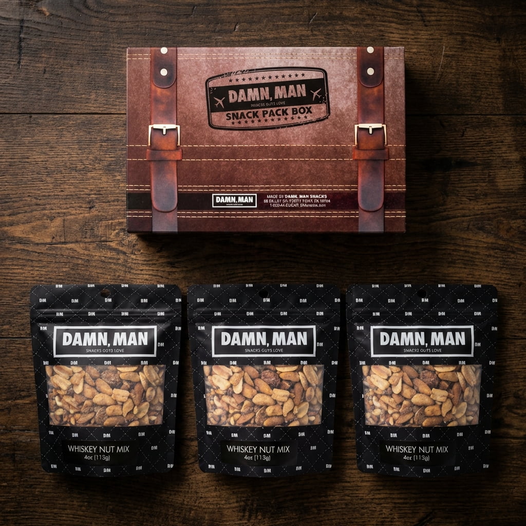 Damn Man Whiskey Nut Mix Gift Set Roasted Crunchy 4 Bag Father's Day Gift for Dad