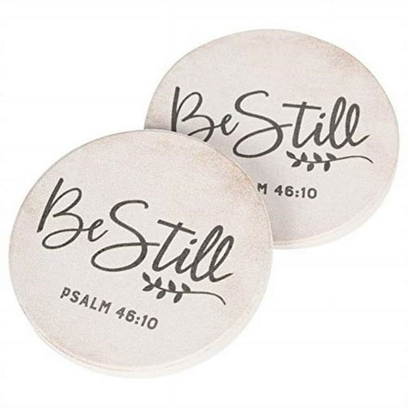 Be Still Script Design Grey White 2.75 x 2.75 Absorbent Ceramic Car Coasters Pack of 2