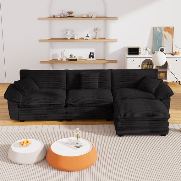 Nkurdsu 113" Modular Sectional Sofa with Ottoman, Corduroy L Shaped Cloud Couch for Living Room, 3 Seater, Black