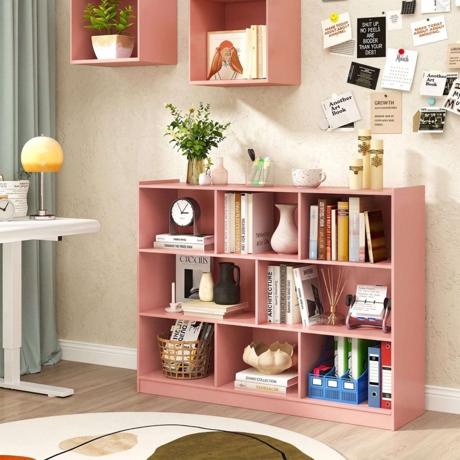 Furnibear 3-Tier Open Bookcase with 8 Cubes Raised Top Edge and Anti-Tipping Kits Floor Standing Storage Shelves for Living Room, Blue