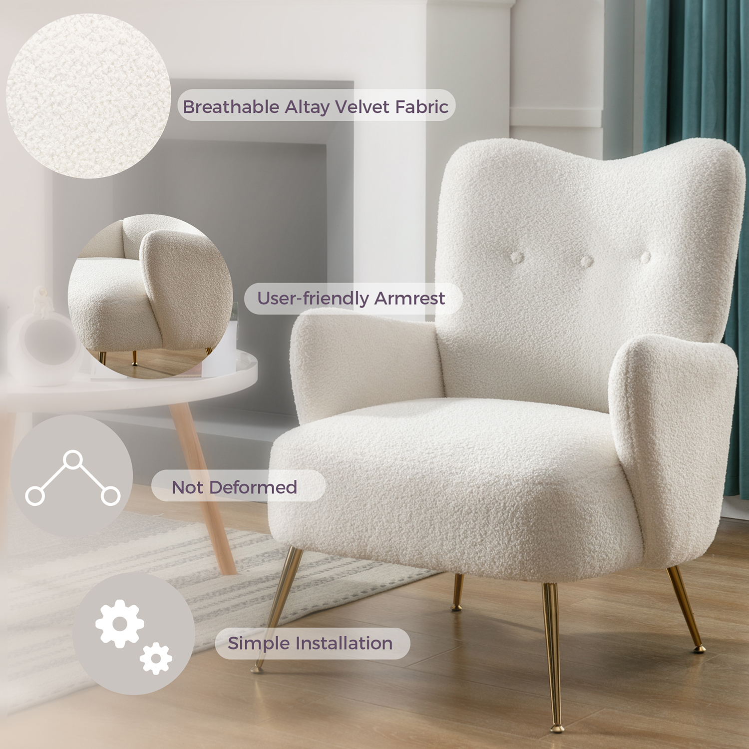 Kadyn Modern Teddy Short Plush Particle Armchair, Altay Velvet Accent Chair with Golden Metal Legs and High Back, Upholstered Accent Lounge Chair for Living Room, White