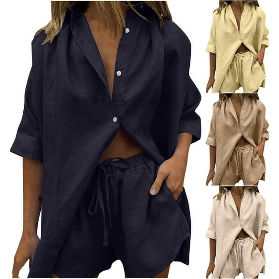 safuny Women's 2 Piece Sets Tracksuit Solid Color Cotton Short Sleeve Lapel Button Shirts Biker Shorts Drawstring Casual Workout Sweatsuit Trendy Summer Outfits Beige