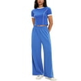 thumbnail image 2 of ATHLECHIC Women's 2 Piece Summer Short Sleeve Crew Neck Crop Tops Wide Leg Pants Sweatsuit Sets XL Royal Blue, 2 of 5